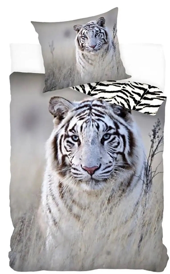 Billede af Sengetøj børn - 140x200 cm - Sengesæt med hvid tiger - Vendbar dynebetræk - 100% bomuld hos Shopdyner.dk
